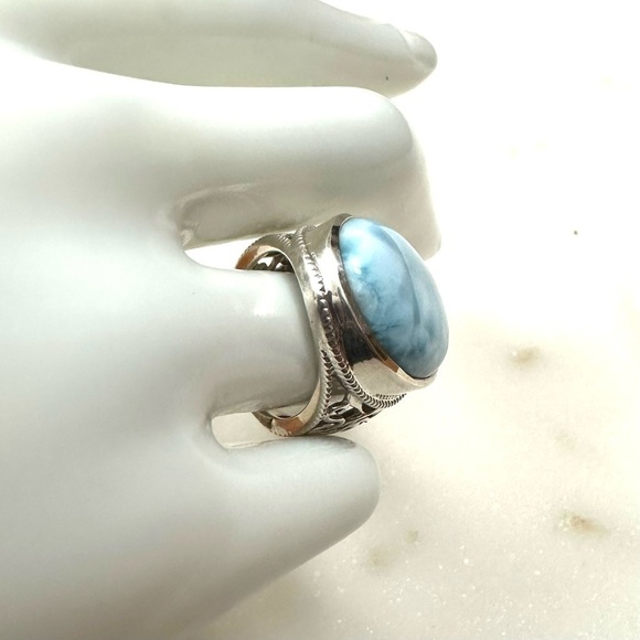 Blue Larimar Large Oval Cabochon Sterling Silver Ring